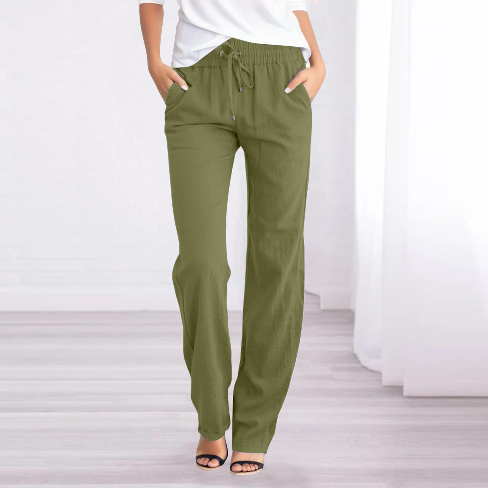 thumbnail image 2 of Pantalones rectos lisos de cintura alta para mujer - Pantalones casuales con cordón elástico - Pantalones largos con bolsillos, 2 of 5